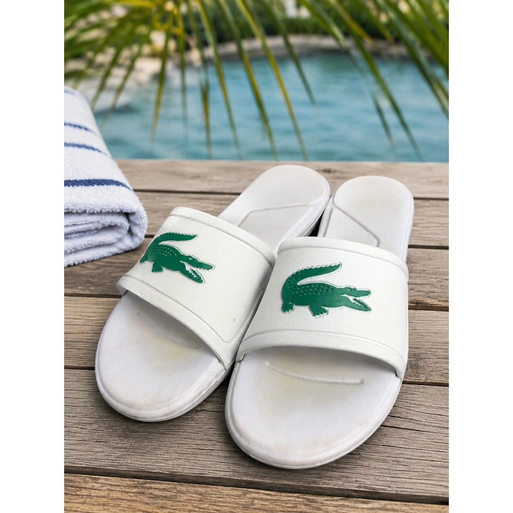 Lacoste Croco Slide Sandals Boys 5 White Green Rubber Pool Designer Slides